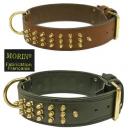Collier chien en cuir clout� dor� cousu double